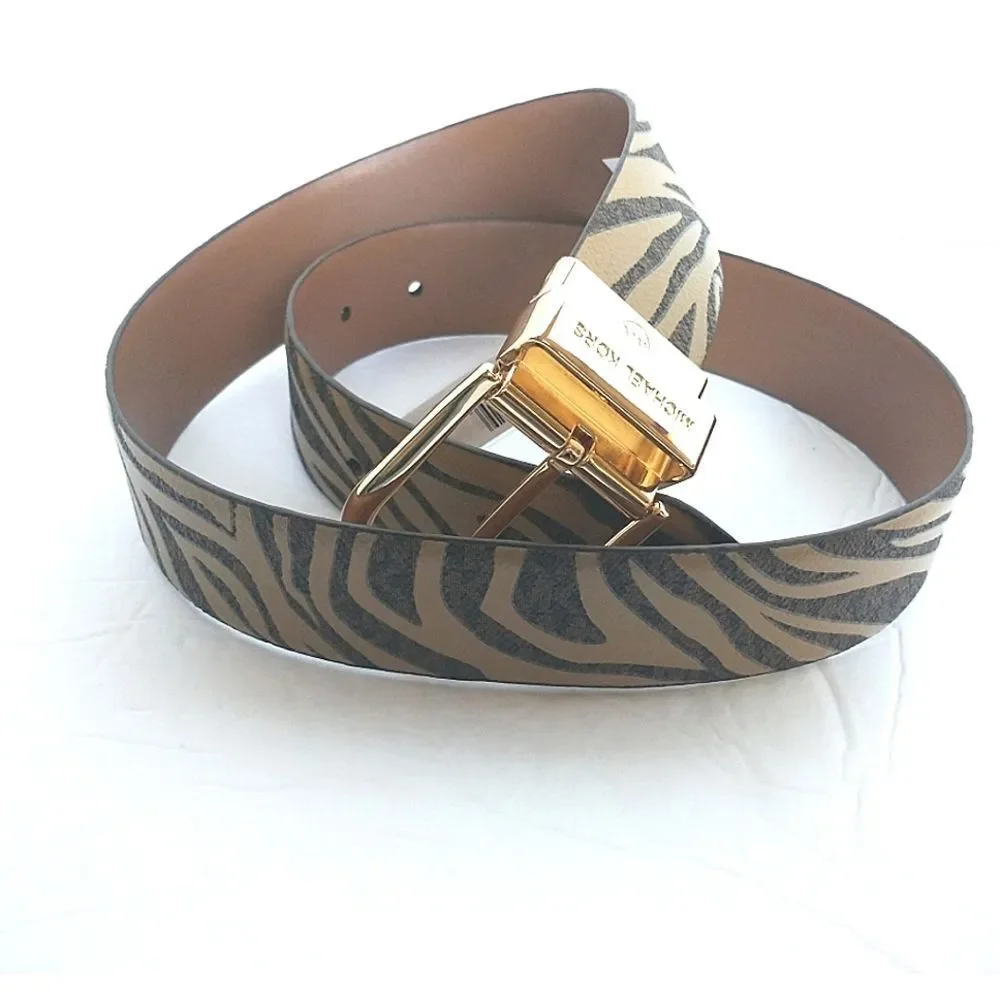 New! MICHAEL KORS Reversible Leather Belt Zebra Print Gold-tone Logo Buckle SM
